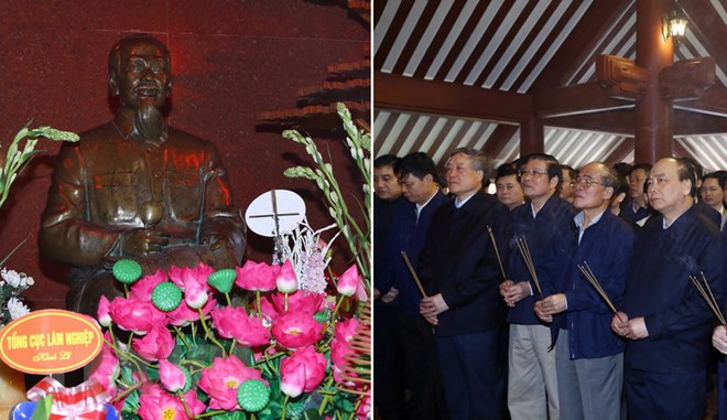 Thủ tướng Nguyễn Xuân Phúc cùng nhiều vị lãnh đạo, nguyên lãnh đạo Đảng, Nhà nước dâng hương,
            báo công lên Chủ tịch Hồ Chí Minh tại đền thờ Bác Hồ trên đỉnh Ba Vì, Hà Nội. (Ảnh: Thống Nhất/TTXVN)