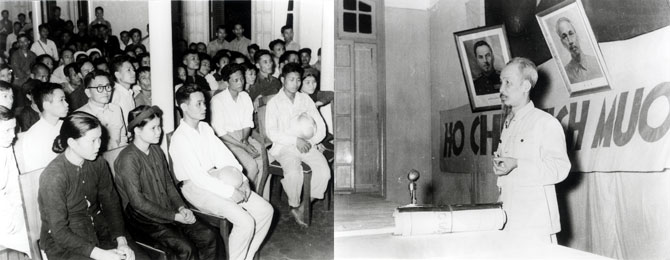 Hồ Chủ tịch nói chuyện với cán bộ tại Hội nghị tổng kết cải cách ruộng đất ở Hiệp Hòa (1955). Ảnh tư liệu