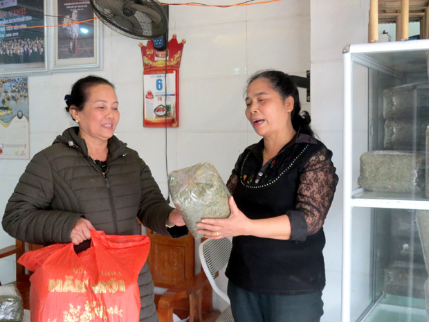 Lương y Nguyễn Thị Hội (bên phải) hướng dẫn người dân cách sử dụng thuốc chữa bệnh.