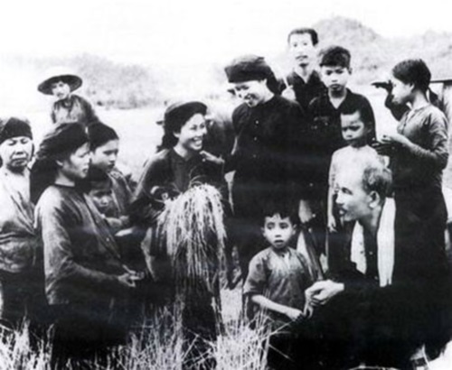 Chủ tịch Hồ Chí Minh thăm nông dân đang gặt lúa ở huyện Đại Từ, Thái Nguyên.  (           Ảnh tư liệu)
