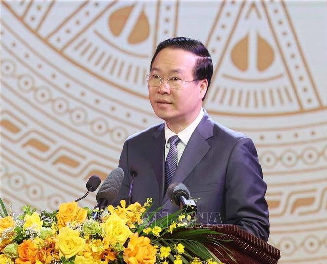 Chủ tịch nước Võ Văn Thưởng phát biểu tại Lễ Trao tặng Giải thưởng Hồ Chí Minh, Giải thưởng Nhà nước về văn học, nghệ thuật năm 2022. (Ảnh: TTXVN)