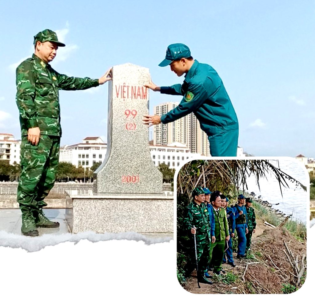 Đồng chí Vương Xuân Nhất phối hợp với các lực lượng trong tuần tra bảo vệ biên giới.